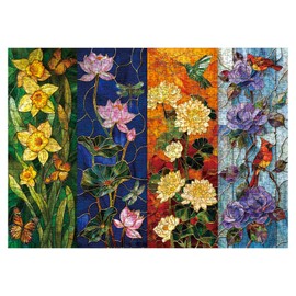 Stained Glass Flower Puzzles for Adults 1000 Pieces, Colorful Art Plant Jigsaw Puzzles, Beautiful Season Bird Cardinal Dragonfly Lotus Rose Floral Puzzle