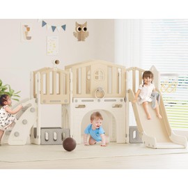 XJD 9 in 1 Toddler Slide Set, Kids Slide for Toddlers Age 1+, Toddler Climber Slide PlaySet with Basketball Hoop and Ball,Outdoor Indoor Playground for Toddlers 1-3 (Beige)