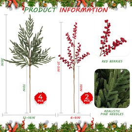 36" 4PCS Real Touch Norfolk Pine Branches with 2pcs Berry Branches,Christmas Green Plants Norfolk Pine Stems, Faux Cedar Branches for Christmas DIY Crafts Indoor Outdoor Home Decor(6 Pcs)