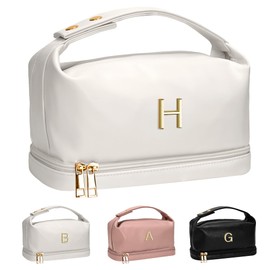 Vogewood Makeup Bag with Handle, Waterproof Double Layer Cosmetic Bag, Large Capacity PU Leather Makeup Bags Letter Travel Toiletry Bag with Makeup Brush Organizer