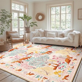 Estmy Pink Woodland Nursery Rug Washable, Thin Profile 5x7 Area Rug Stain Resistant, Cute Fairy Forest Animals Kids Rug, Modern Abstract Nature Area Rug Carpet for Bedroom Dorm Living Room Classroom