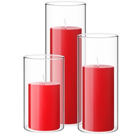 Shihanee Set of 3 Pillar Candles and 3 Glass Cylinder Candle Vases Holders Clear Pillar Jars for Wedding Centerpieces(2.6'' X 4.7'', 5.9'', 7.9'',Red)