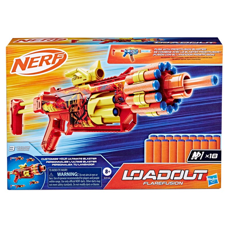 Nerf Loadout FlareFusion Blaster, 3 Interchangeable Attachment Accessories, 18 Nerf
