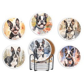 Onebttl Boston Terrier Gifts Coaster, Ceramic, Set of 6, with Gift Box, Absorbent with Cork Base, Gifts for Boston Terrier Lovers, Home Decor for Housewarming, Thanksgiving, Birthday, Christmas
