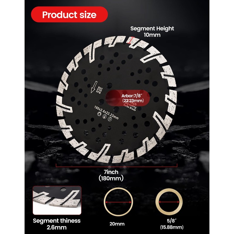7" Granite Saw Blade Diamond Turbo Blade with Coolling Holes