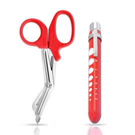VISION TEK MED Pen Light for Nurses & Medical Scissors, LED Penlights with Pupil Gauge, 7.5" Bandage Scissors EMT Shears for Doctor, Nurses, Nursing Students (Red Shears+Red Penlight)