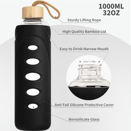 Ferexer Sport 32oz Glass Water Bottle 1000ml /1 liter Borosilicate Glass Water Bottle Reusable Waterbottle Jugwith Silicone Sleeve and Unique Lid (Black