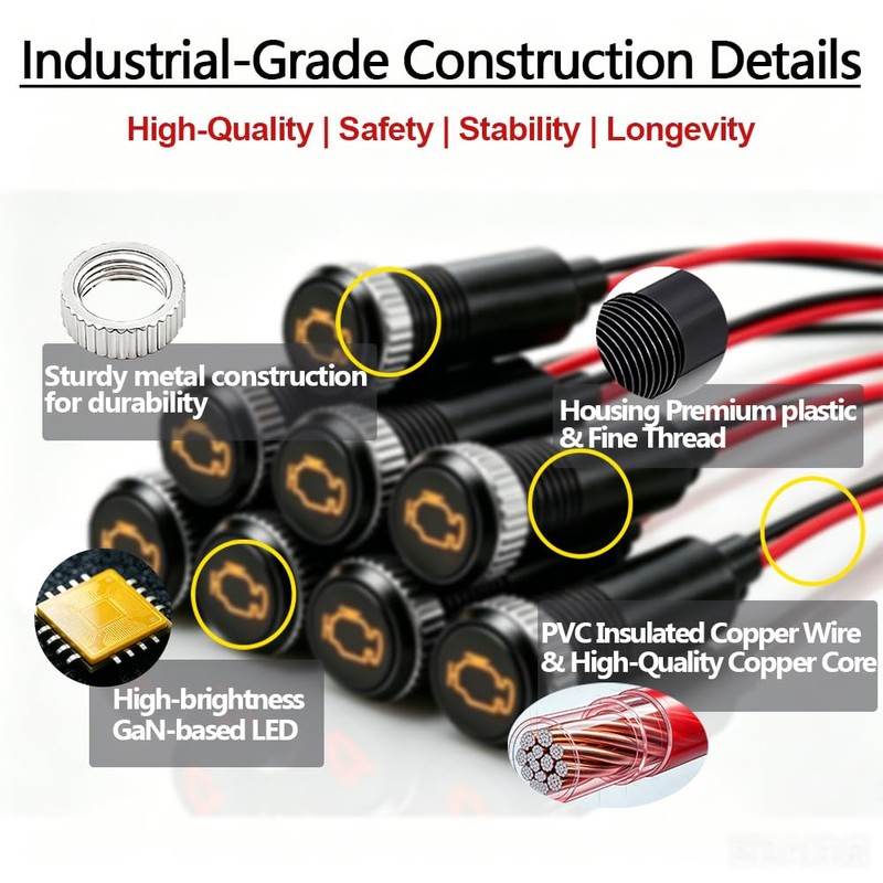 Taiss 8mm (5/16") 12V LED Metal Indicator Light, Yellow Check