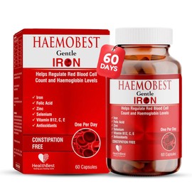 Haemobest Gentle Iron Power Capsules with Vitamin C - 60 Count - Boost Haemoglobin, Gentle on Stomachs - Non-Constipating Formula - Enhances Red Blood Cells Support