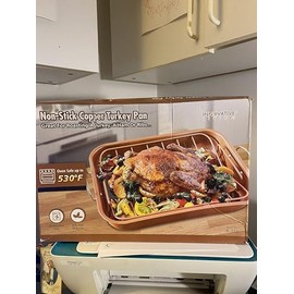Copper Turkey Pan Non-Stick NEW Roasting Ham Ribs Innovative Living- oven safe up to 530F-dishwasher safe-BPA FREE MATERIAL- PAN SIZE IS 16 "X12 "X 2 AND 1/2"
