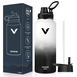 E T EASYTAO | Termo de Acero Inoxidable, Termo con 2 Tapas, para Agua Fría (24 horas) Caliente (12 horas), Doble Pared y Tapa Hermética Antigoteo, con Asa para Transportar (1180ml/40Oz, Blanco-negro)