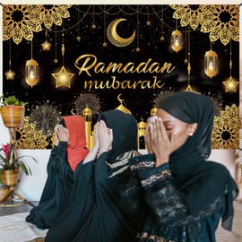 Ramadan Mubarak Banner, Extra Large Fabric Eid Kareem Background for Decorations, 72 x 44 Inch Star Moon Lanterns Castles Photo Booth Background for Islamic Muslim Al-Fitr Party Supplies