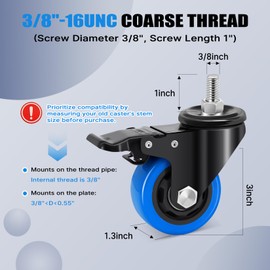 Humagineer Stem Caster Wheels 3 Inch,Heavy Duty Threaded Stem Casters, 3/8"-16 x 1 (Screw Diameter 3/8", Length 1") Swivel Casters Set of 4 with Safety Dual Locking Wheel for Furniture and Cart