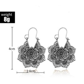 SMALLLOVE Mandala Drop Dangle Earring for Women Gypsy Hammered Antique Silver Bohemian Vintage Lotus Flower Tribal Hollow Floral Pendant Hoop Earrings (Silver)