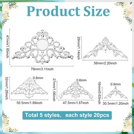 PH PandaHall 100pcs Metal Triangle Corner Protector, 5 Styles Book Corners Hollow Triangle Wrap Connector Frame Corners for Book Protection and Jewelry Making at Party, Antique Silver