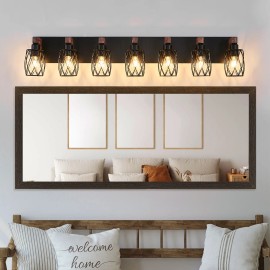 Industrial Vintage 7-Light Wall Sconce Black Cage with Wooden Accents for Bathroom Hallway Living Room LightingMaterial: Iron, Color: Walnut Color