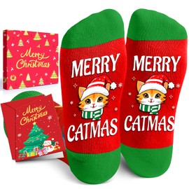 HAPPYPOP Christmas Gifts Stocking Socks for Cat Lovers - Christmas Socks for Teens Red Cat Mom Cat Dad Socks with Greeting Card