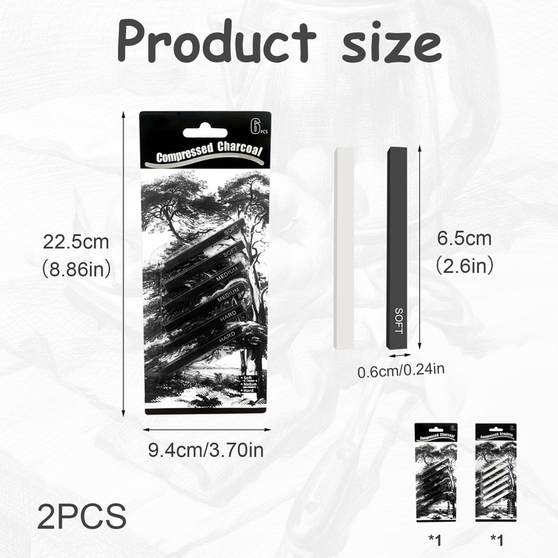 12 Pcs Graphite Sticks, Square Compressed Charcoal Sticks, Soft Willow