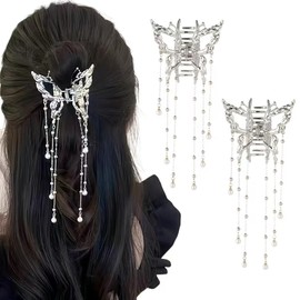 Ypkia Pack of 2 Butterfly Hair Clips Medium with Beads Tassel Metal Hair Clips Women Girls Elegant Hair Accessory