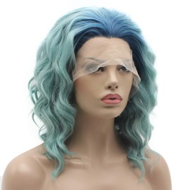 Lace Front Synthetic Wig Medium Length 14inch Wavy Blue Root Light Blue Ombre Wig Stylish Wig
