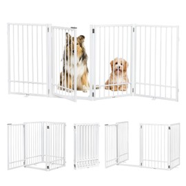 HIDOG Metal Freestanding Dog Gate with Door, Extra Wide 81", 31" Height Foldable Dog Gates for Doorways, Tall Pet Fence Indoor Outdoor Pet Gates, 4 Panels Pet Barrier for Stairs Hallways, White