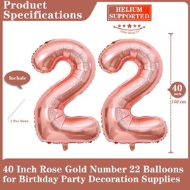 Rose Gold 22 Number Balloons, 40 Inch Giant Number 22 Balloons Foil Mylar Helium Rose Gold Number Balloons for 22th Birthday Party Supplies Anniversary Event Celebration Decorations