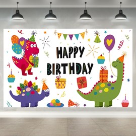 Dinosaur Theme Happy Birthday Decorations Background, Colourful Dino Happy Birthday Banner, Birthday Party Supplies Photo Background for Girls Boys Men