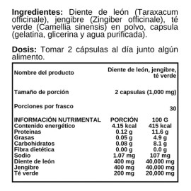 Diente De León, Jengibre, Té Verde 60 Cápsulas - Suplemento Sabor Sin sabor                                                                           