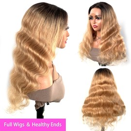 SUPERNOVA Ombre Highlight Lace Front Wig 1B/27 Lace Front Wig Human Hair Black Roots Ash Blonde 13x4 Lace Front Wig Ombre Body Wave Honey Blonde Wig Hair(18 Inches)