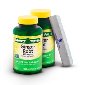 Unique Bundle Store Ginger Root 550mg, 100 Vegetarian Capsules - Organic Supplement, Non-GMO Ginger Pills for Digestive Support + 7 Day Pill Organizer Included (Pack of 2)