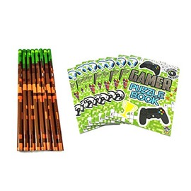 SDM 8 x Pixel Block Camouflage Pencils & 8 Puzzle Books Party Bag Fillers