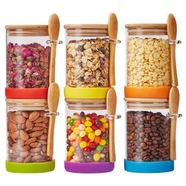 Spreccio Set of 6 Airtight Glass Jars with Bamboo Lids and Spoons, 22 OZ Glass Food Storage Jars Perfect for Coffee, Tea, Sugar, Spices, Beans, and More