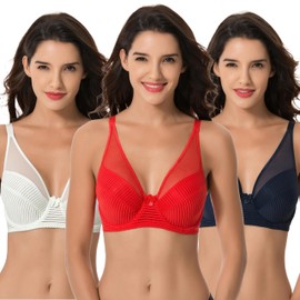 Curve Muse Women's Plus Size Minimiser Unlined Underwired Full Coverage Bra, Navy, red, light green (pack of 3)