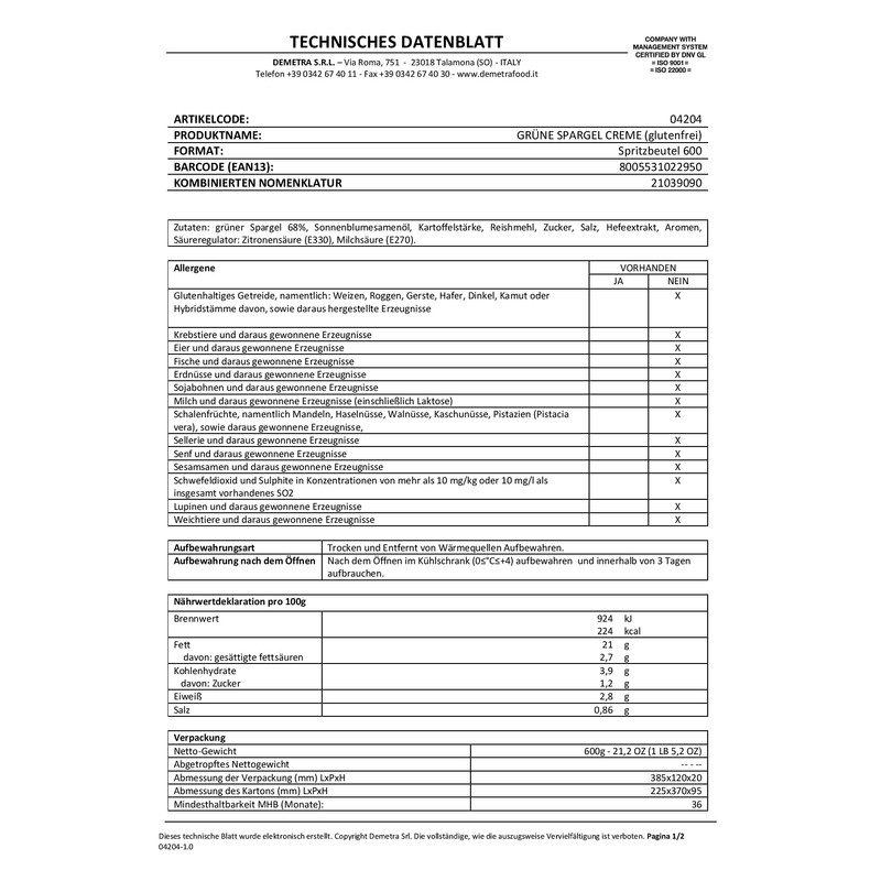 Green Asparagus Cream Capricci 580 gr. - Demetra