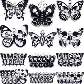 Anjulery 24Pcs Silver-Tone Skull Butterfly Enamel Charms Set, Gothic Metal Pendants for DIY Jewelry Making, Halloween Craft Supplies (Skull Butterfly-B)