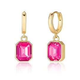 Lourny Birthstone Crystal Dangle Drop Earrings, 18K Gold Plated Huggie Hoop Hypoallergenic Earring Jewelry Gifts for Women (Hot Pink)
