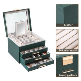 BOOVO Clear Lid Jewelry Box,4 Layers Jewelry Organizer Large Jewelry Storage Box with 3 Drawers,Jewelry Holder Organzier of Rings Earrings Necklace Bracelets for Women (Dark Green, 4 Layer)