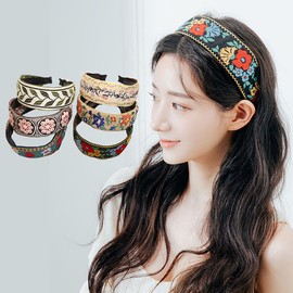 XXFBJNMD Multi Pattern Flower Embroidery Headbands Boho Handmade Embroidery Wide Vintage Ethnic Style Hairbands for Women Outdoor Hair Accessories(Coffee)