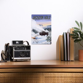 Lantern Press 6x9 Inch Metal Sign, Jackson Hole, Wyoming, Bison Snow Scene