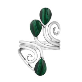 AeraVida Classic Floral Vine Ornate Teardrop Green Malachite Sterling Silver Ring | Solid .925 Silver Statement Stone Ring Size 7 for Daily Fashion & Boho Style