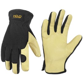 HANDLANDY Leather Gardening Gloves, Work Gloves for Men and Women, Scratch-Resistant Breathable Gloves for Garden, Yard, Mechanic, Construction (Beige, L)
