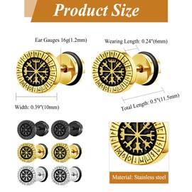 Flongo 3 Pairs Men's Viking Earrings: Norse Viking Runes Stud Earrings Punk Hypoallergenic Stainless Steel Earrings Set Flatback Earrings Jewelry Gift for Men Women