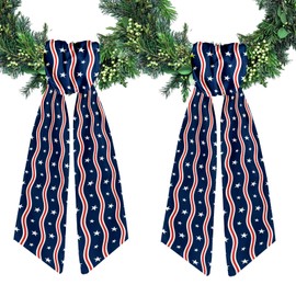 Ftuuo 2pcs Patriotic Wreath Sash for Front Door Red White Stripe Wreaths Sash Wave Star Garland Ribbon Accessories for Wreath Yard Doorway Indoor Outdoor Bow 4th of July Home Decor,5.1 x 54.3