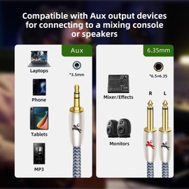 Impeto 3.5 mm Jack to 2 x 6.3 mm Jack Cable [1 m] 3.5 Stereo Aux to Dual Large Mono 6.35 mm Jack Plug Y Audio Adapter Cable for Amplifier, Speaker, Mixer - 1 Metre