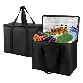 2-Pack, XL-Large Insulated Grocery shopping bags, Black, reusable bag,thermal zipper,Collapsible,tote,cooler,food transport hot and cold,camping,Recycled Material delivery groceries