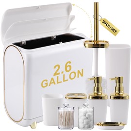 XLHOMO White Bathroom Accessories 9 Piece White and Gold Bathroom Set with Slim Trash Can,Soap Dispenser,Toilet Brush,Toothbrush Set, Qtip Holders for Housewarming