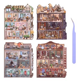 Girls 3D Miniature Scene Stickers, 4 Sets Magic Apprentice DIY House Stickers for Archaeological,Detective,Laboratory,Hotel,Cute 3D Cartoon Scene Stickers for Adult Kids Relief Stress Pass The Time