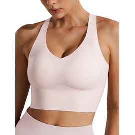 Wingslove Longline Sports Bra for Women Wireless Workout Crop Tank Top Built-in Cups Seamless Cross Back Bras (Sandshell Pink,XL)