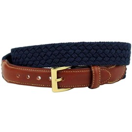 COUNTRY CLUB PREP Hall & Oates Woven Cotton Leather Tab Belt in Navy Men | Flat Solid Buckle Closure & 100% Leather | 1.25" Width, Size: 38 (Fits Size 36 Pants)