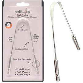 HealthAndYoga(TM) - Rascador limpiador de lengua, paquete de sellado higiénico, acero inoxidable de grado quirúrgico, agarre no sintético, limpiador de cepillo de lengua esterilizable (con bolsa de almacenamiento orgánica)